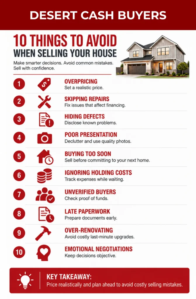 Infographic on things to avoid when selling your house, including overpricing, skipping repairs, hiding defects, and delays.
