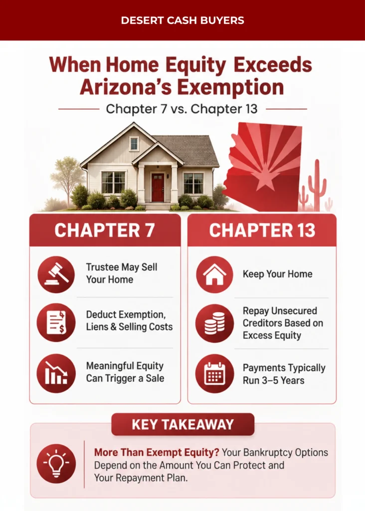 Arizona homestead exemption bankruptcy infographic comparing Chapter 7 home sale risks and Chapter 13 repayment options.