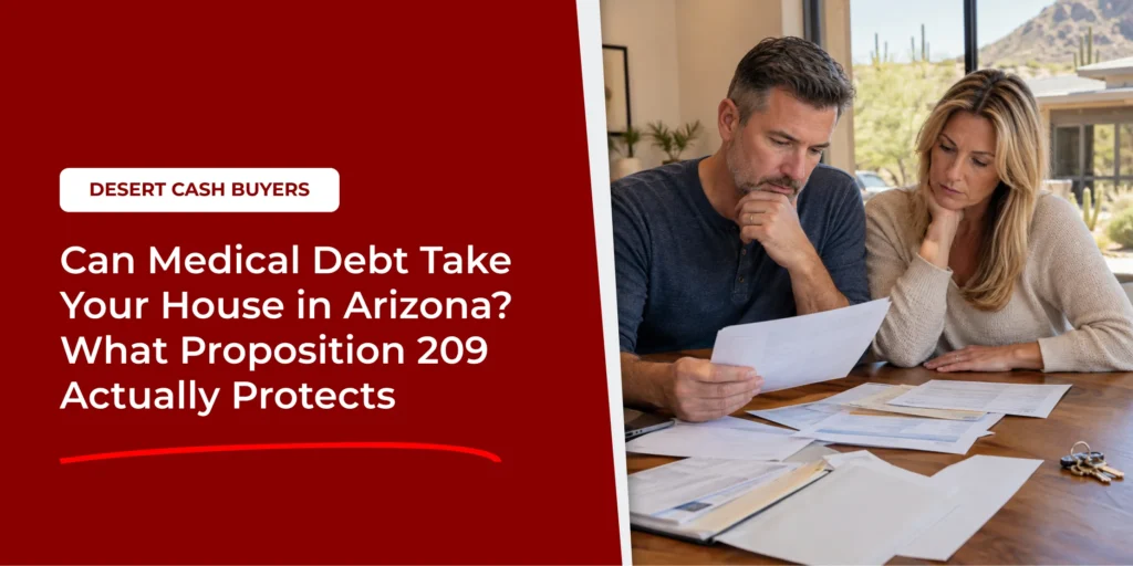 Concerned couple reviewing household bills to see if medical debt can take your house in Arizona under Proposition 209.