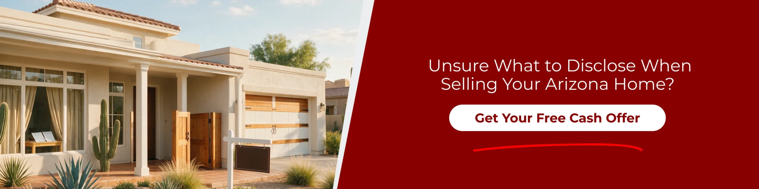 Arizona home exterior and cash-offer banner for sellers researching stigmatized property Arizona disclosure law.
