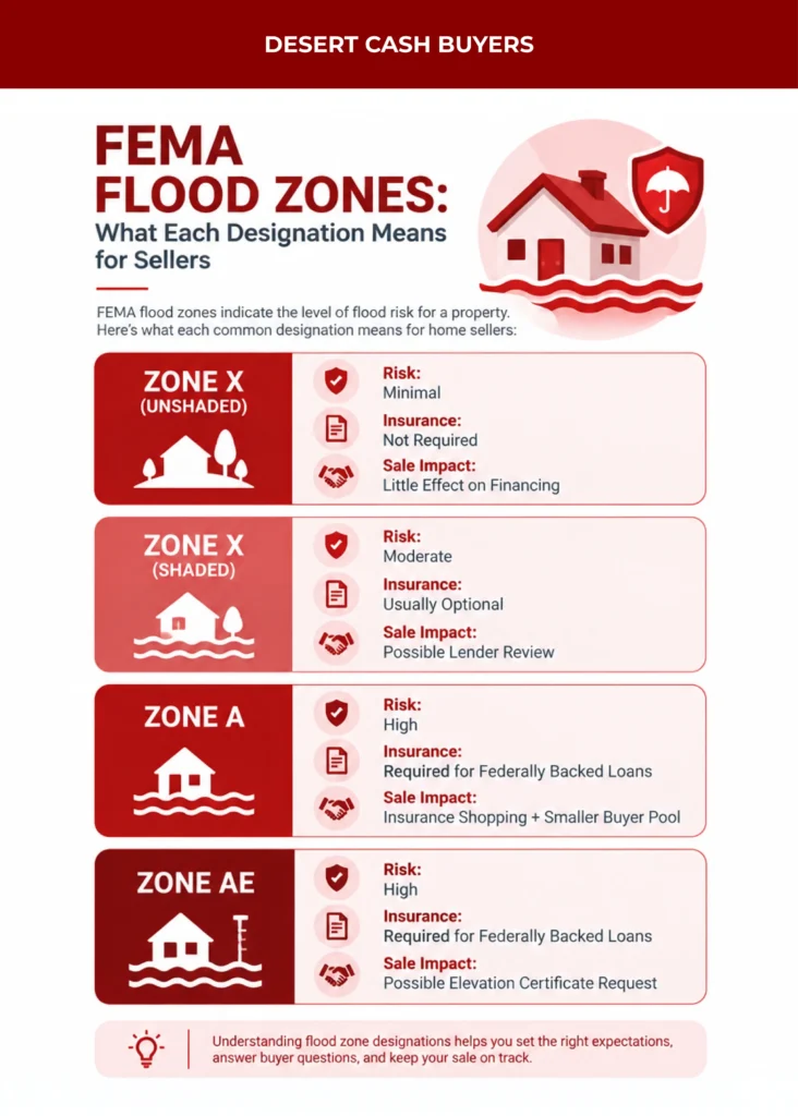 FEMA flood zone infographic compares risk, insurance, and sale impacts for selling a house in a flood zone Arizona.