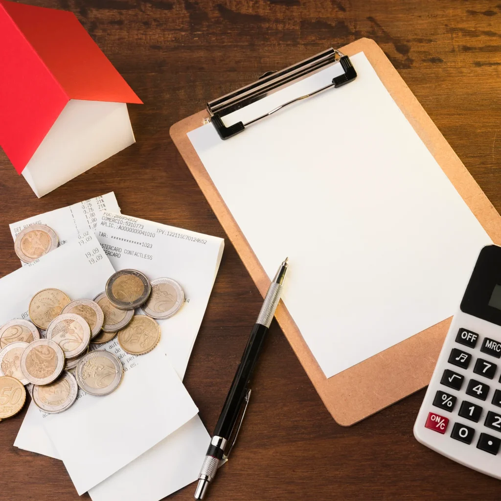 A house model, coins, receipts, calculator, and clipboard illustrate home expenses and factors affecting property value.