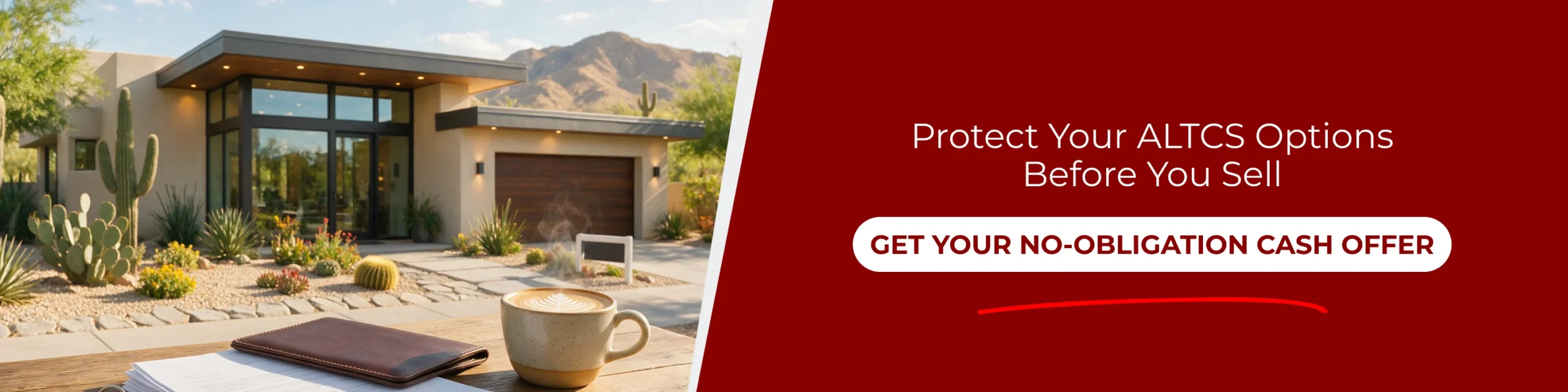 Arizona home sale with documents and coffee, highlighting ALTCS options before selling a house.