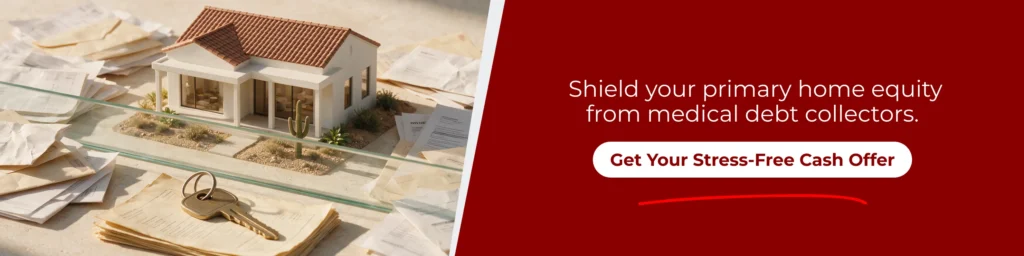 Model home surrounded by bills illustrating how homestead laws prevent whether medical debt can take your house in Arizona.