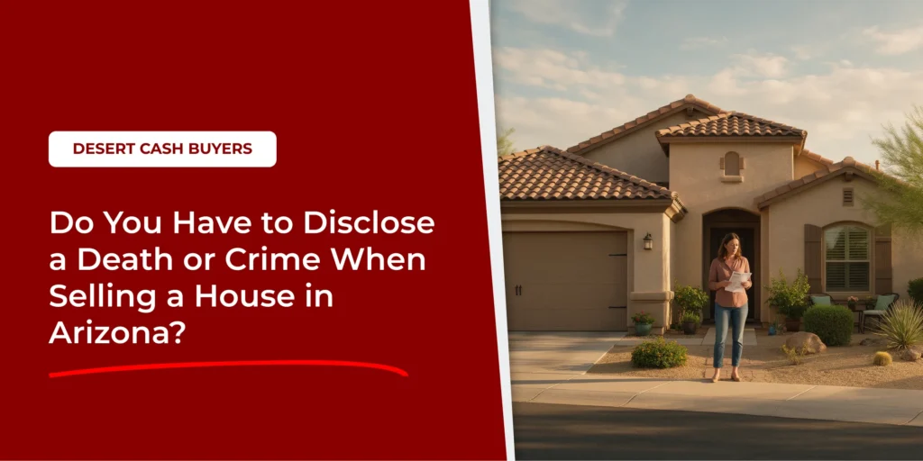 Woman holding papers outside an Arizona home beside a banner about stigmatized property Arizona disclosure law.