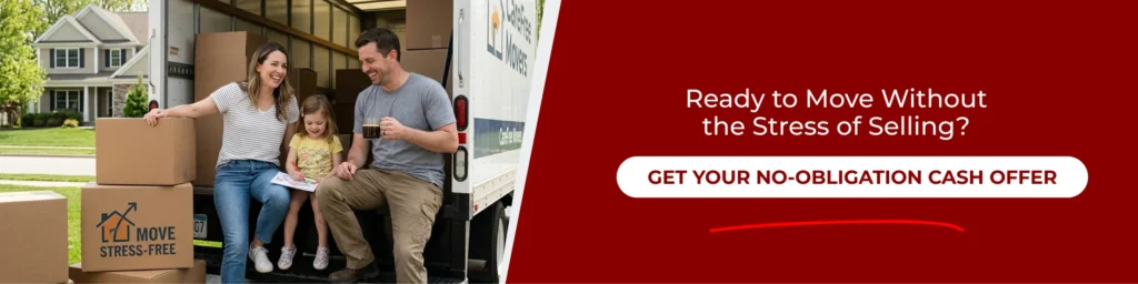 A family moves boxes beside a moving truck, illustrating things to avoid when selling your house for a smoother move.