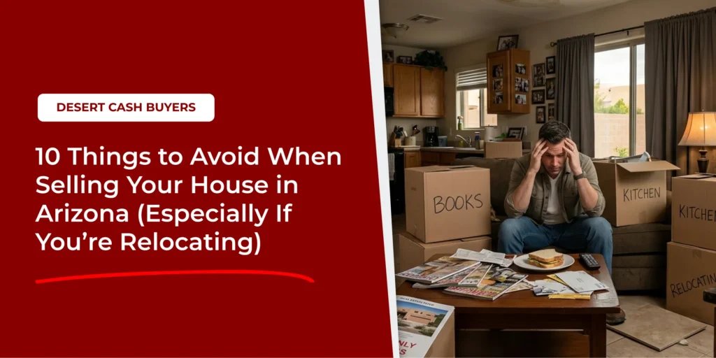 Arizona homeowner sits among moving boxes, illustrating things to avoid when selling your house during relocation and moving.