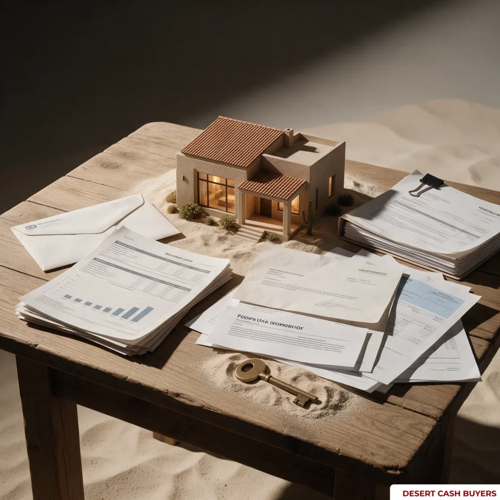 A model home surrounded by paperwork and a key illustrates what devalues a house, including financial and property concerns.